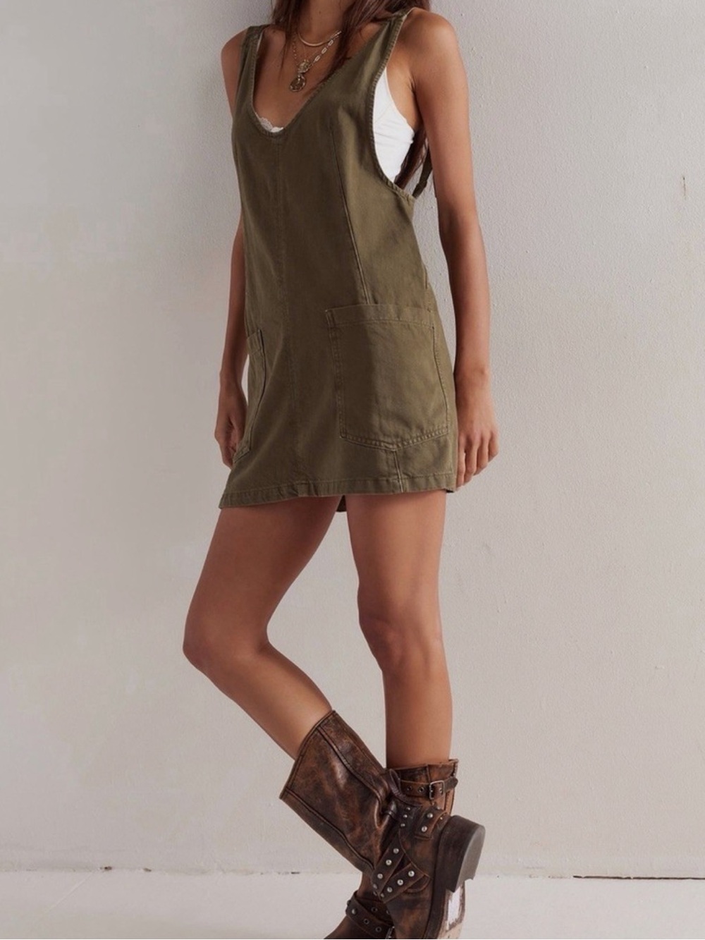 WE THE FREE Olive Green Overall Mini Dress